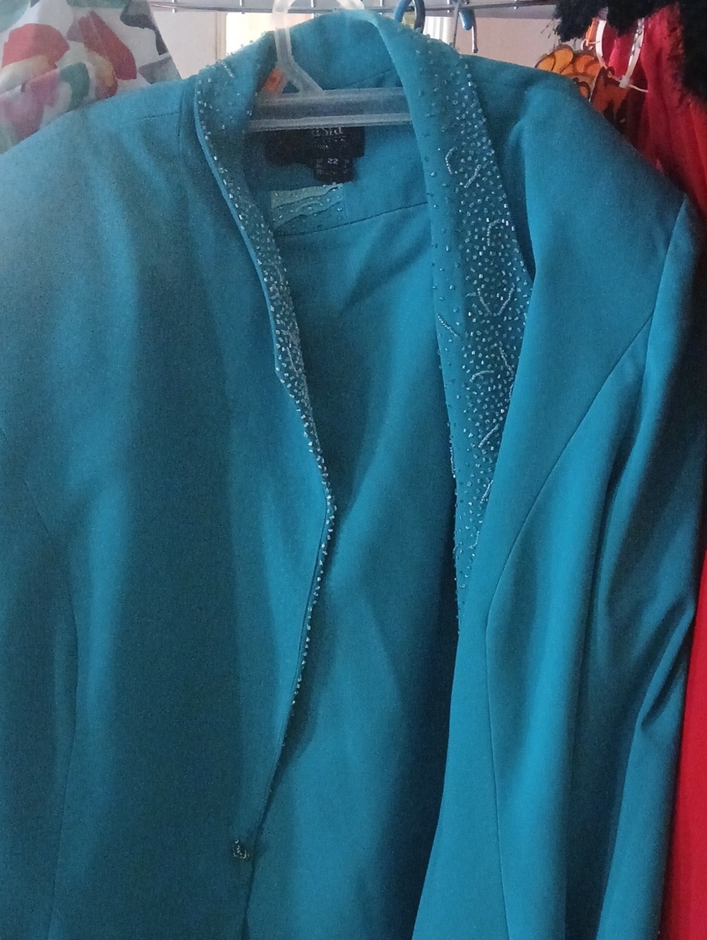 Natasia Teal Beaded Open-Front Women's Jacket 2 PC Skirt Suit.